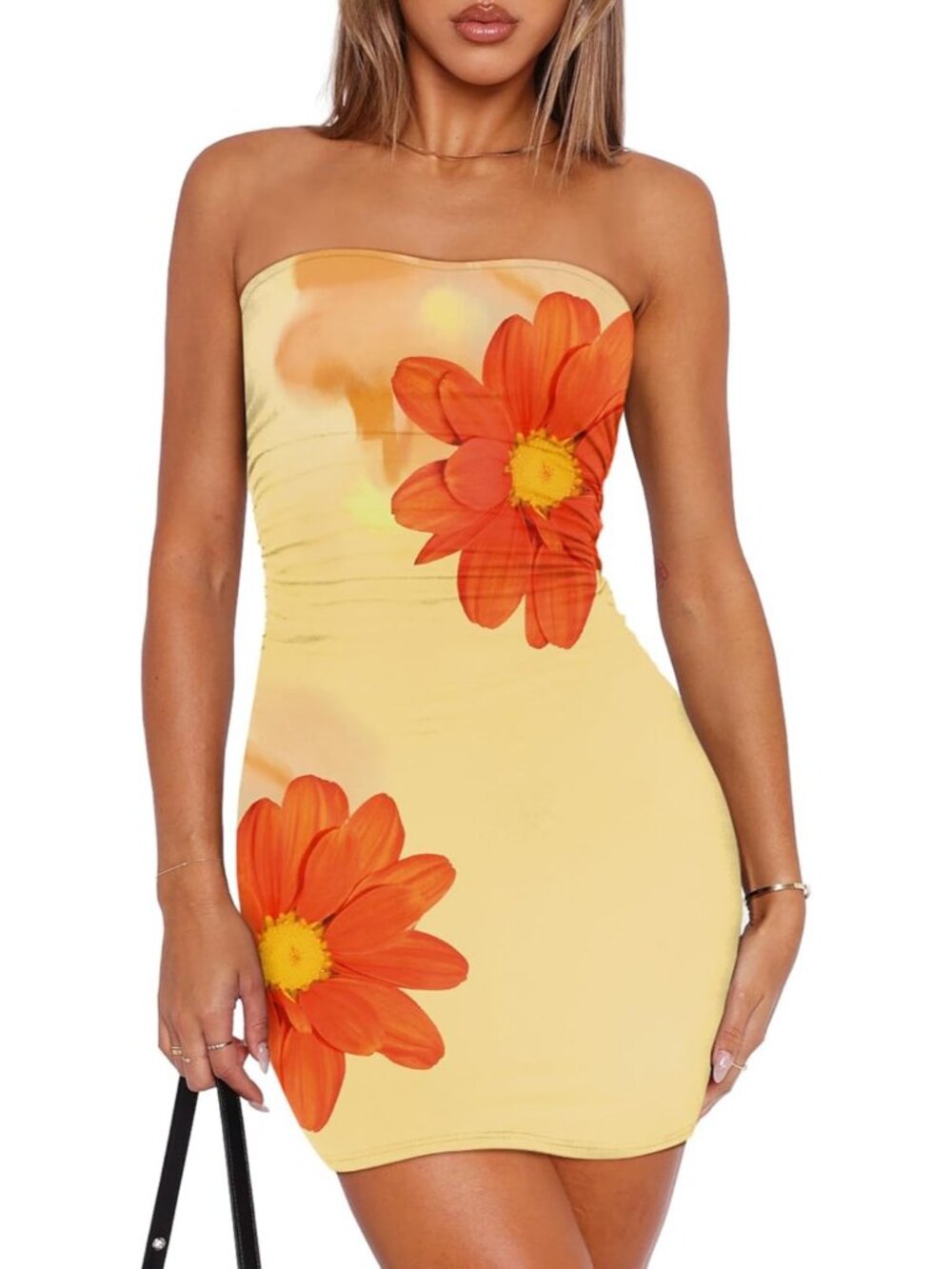 Women's Red Large Floral Polyester Spandex Strapless Mini Bodycon Party Dress